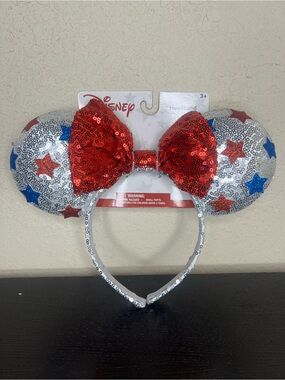 NEW Disney 4th of July/USA Silver Sequin Minnie Mouse Ears Headband